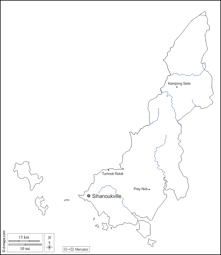 Provincia di Sihanoukville  : d-maps.com: mappa gratuita, mappa muta gratuita, cartina muta gratuita : contorni, idrografia, principali città, nomi, bianco