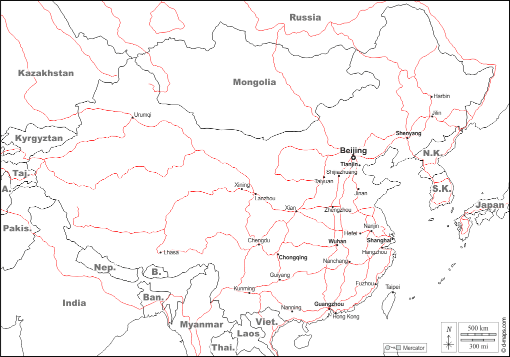 Chine : d-maps.com: carte géographique gratuite, carte géographique muette gratuite, carte vierge gratuite, fond de carte gratuit, formats graphiques courants : frontières, principales villes, routes, noms, blanc