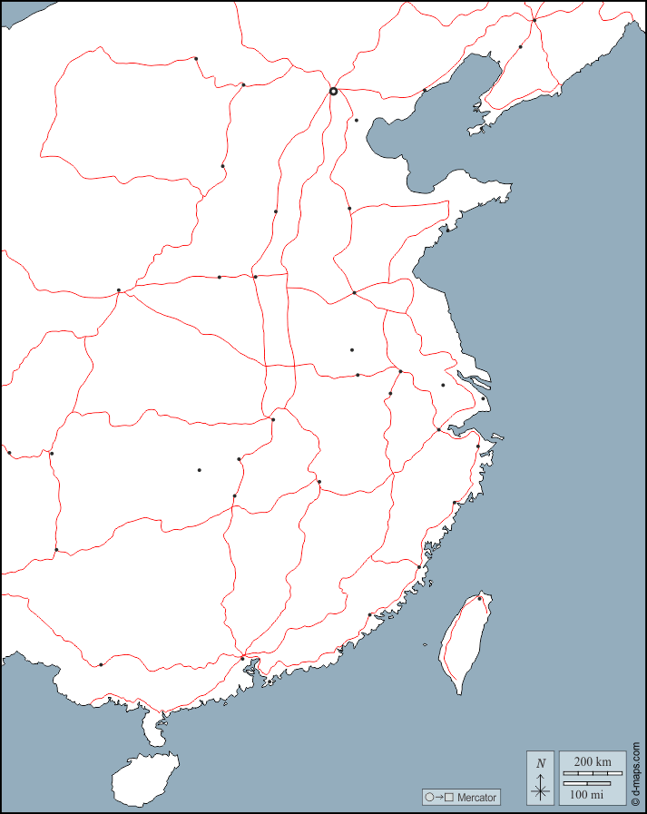 Восточный Китай : d-maps.com: Бесплатная карта, бесплатная карта, свободная карта, Бесплатная базовая карта
 : контур, Главные города, дорог