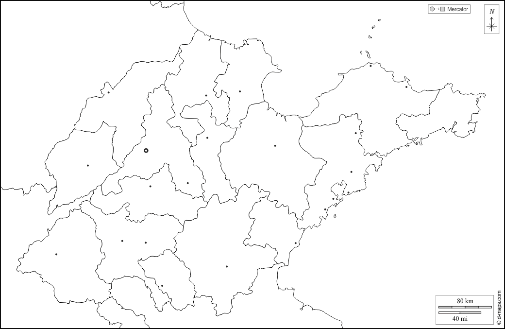 شاندونغ : خريطة مجانية, خريطة خاليه من الفراغ, خريطة الخطوط العريضة, خريطة القاعدة الحرة
 : حدود, محافظات, المدن الرئيسية, أبيض