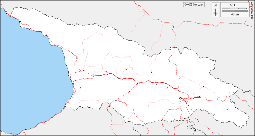 ジョージア : d-maps.com: 無料地図, 無料の空の地図, 無料のアウトラインマップ, 無料のベースマップ
 : 境界, 主要都市, 道路
