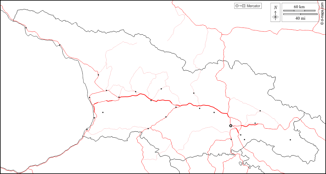 ジョージア : d-maps.com: 無料地図, 無料の空の地図, 無料のアウトラインマップ, 無料のベースマップ
 : 境界, 主要都市, 道路, 白い