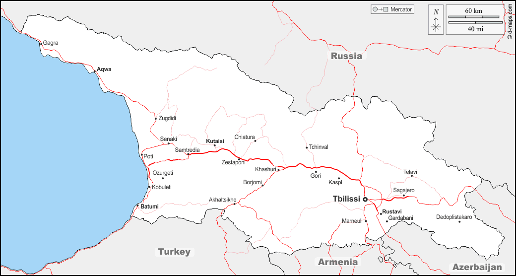Georgia : d-maps.com: mapa gratuito, mapa mudo gratuito, mapa en blanco gratuito, plantilla de mapa : fronteras, principales ciudades, carreteras, nombres
