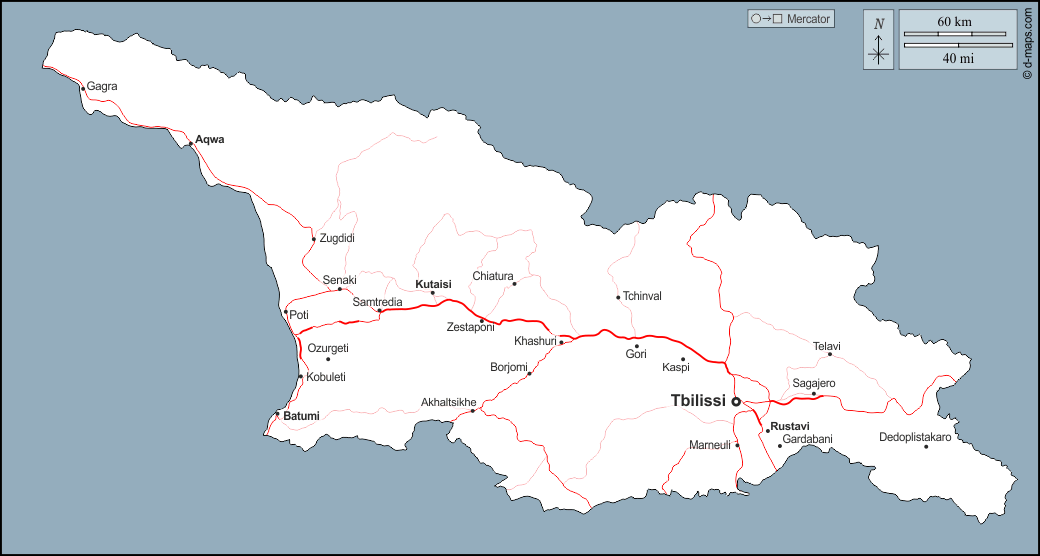 Georgia : d-maps.com: mappa gratuita, mappa muta gratuita, cartina muta gratuita : contorni, principali città, strade, nomi