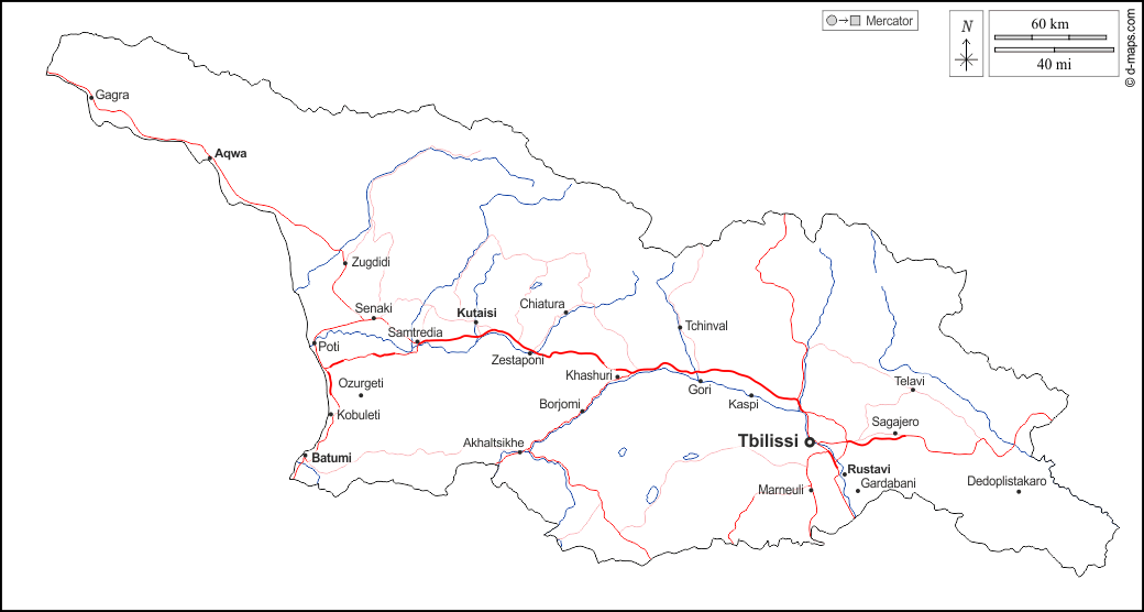 Georgia : d-maps.com: mappa gratuita, mappa muta gratuita, cartina muta gratuita : contorni, idrografia, principali città, strade, nomi, bianco