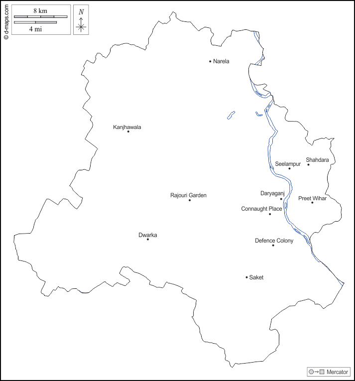 Delhi : d-maps.com: mappa gratuita, mappa muta gratuita, cartina muta gratuita : contorni, idrografia, principali città, nomi, bianco