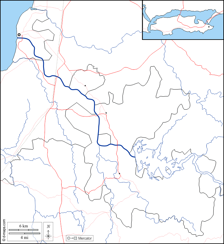 ダドラとナガル・ラベリとダマーンとディウ : d-maps.com: 無料地図, 無料の空の地図, 無料のアウトラインマップ, 無料のベースマップ
 : 境界, 川と湖, 主要都市, 道路, 白い