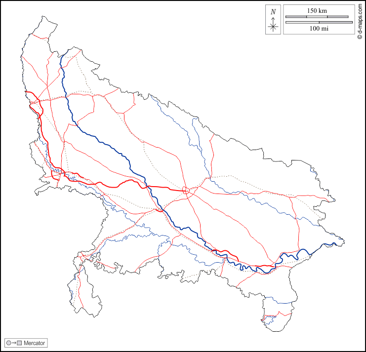 Уттар-Прадеш : d-maps.com: Бесплатная карта, бесплатная карта, свободная карта, Бесплатная базовая карта
 : контур, гидрографии, дорог, Белый