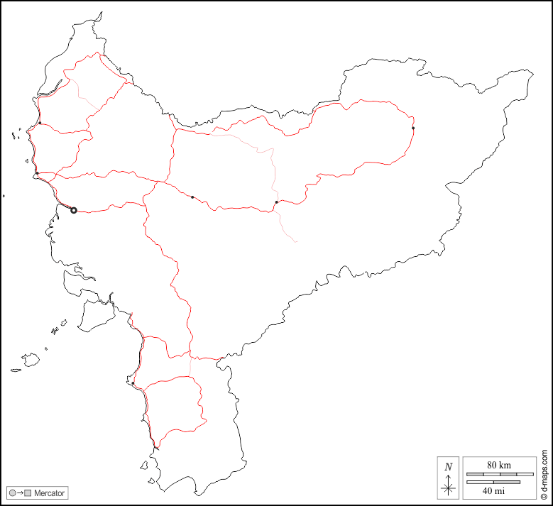 Kalimantan Occidentale : d-maps.com: mappa gratuita, mappa muta gratuita, cartina muta gratuita : contorni, principali città, strade, bianco