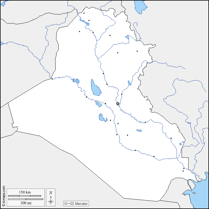 Irak : d-maps.com: carte géographique gratuite, carte géographique muette gratuite, carte vierge gratuite, fond de carte gratuit, formats graphiques courants : frontières, hydrographie, principales villes