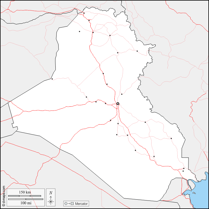 Irak : d-maps.com: Kostenlose Karten, kostenlose stumme Karte, kostenlose unausgefüllt Landkarte, kostenlose hochauflösende Umrisskarte : Grenzen, Wichtige Städte, Straßen