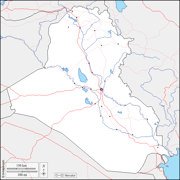 Irak : d-maps.com: carte géographique gratuite, carte géographique muette gratuite, carte vierge gratuite, fond de carte gratuit, formats graphiques courants : frontières, hydrographie, principales villes, routes