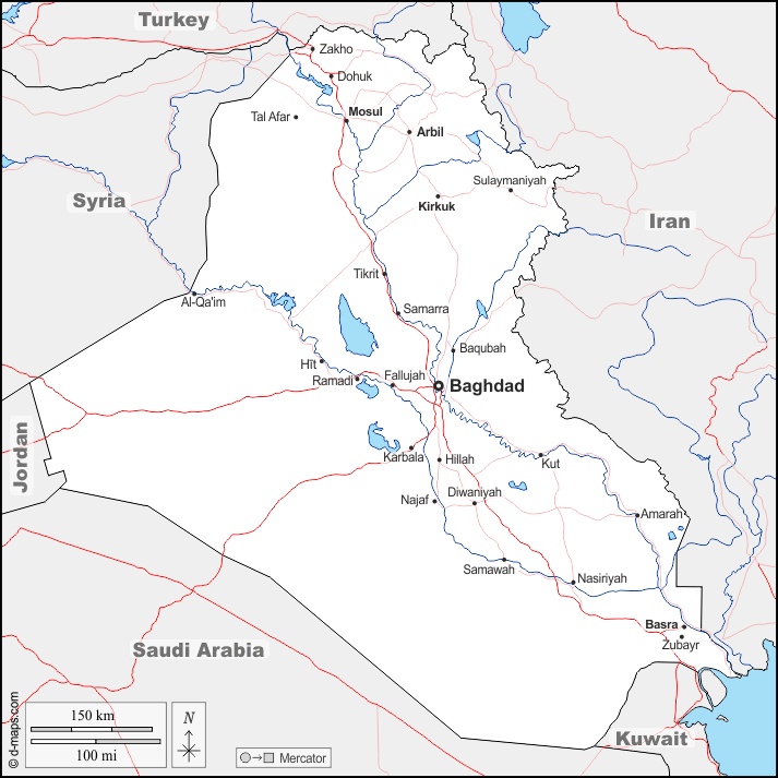 Iraque : d-maps.com: mapa livre, mapa em branco livre, mapa livre do esboço, mapa básico livre
 : fronteiras, hidrografia, principais cidades, estradas, nomes
