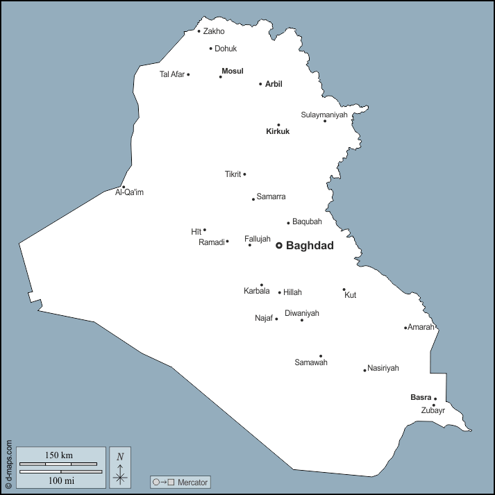 Iraq : d-maps.com: mappa gratuita, mappa muta gratuita, cartina muta gratuita : contorni, principali città, nomi