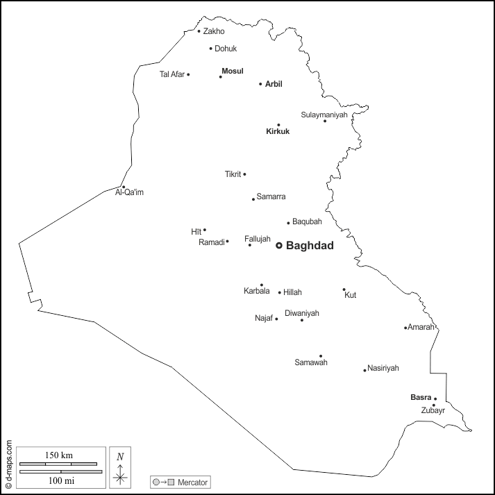 Irak : d-maps.com: carte géographique gratuite, carte géographique muette gratuite, carte vierge gratuite, fond de carte gratuit, formats graphiques courants : contours, principales villes, noms, blanc