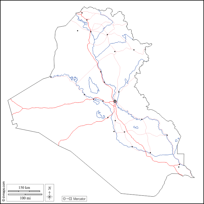 Irak : d-maps.com: mapa gratuito, mapa mudo gratuito, mapa en blanco gratuito, plantilla de mapa : contornos, hidrografía, principales ciudades, carreteras, blanco