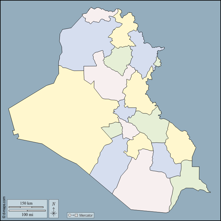 Irak : d-maps.com: mapa gratuito, mapa mudo gratuito, mapa en blanco gratuito, plantilla de mapa : contornos, provincias, color