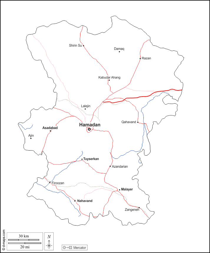 Hamadan : d-maps.com: mappa gratuita, mappa muta gratuita, cartina muta gratuita : contorni, idrografia, principali città, strade, nomi, bianco