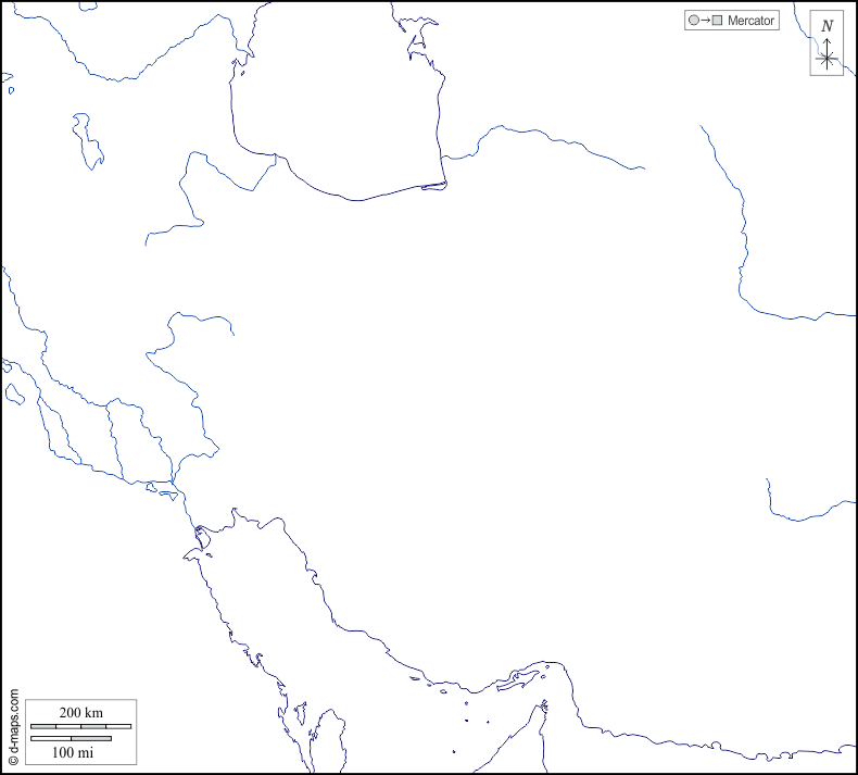 イラン : d-maps.com: 無料地図, 無料の空の地図, 無料のアウトラインマップ, 無料のベースマップ
 : 海岸, 川と湖, 白い