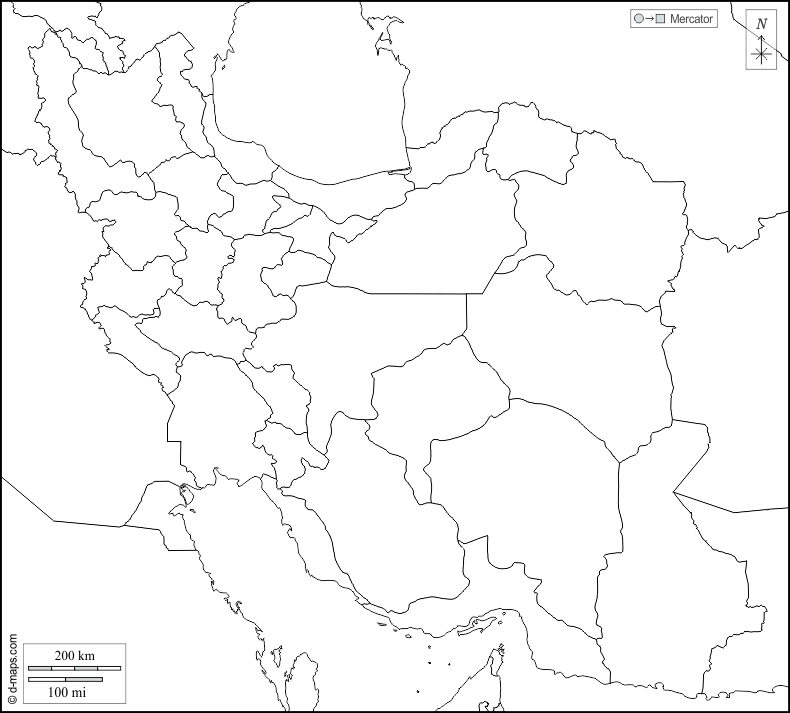 Iran : d-maps.com: Kostenlose Karten, kostenlose stumme Karte, kostenlose unausgefüllt Landkarte, kostenlose hochauflösende Umrisskarte : Grenzen, Provinzen, weiß