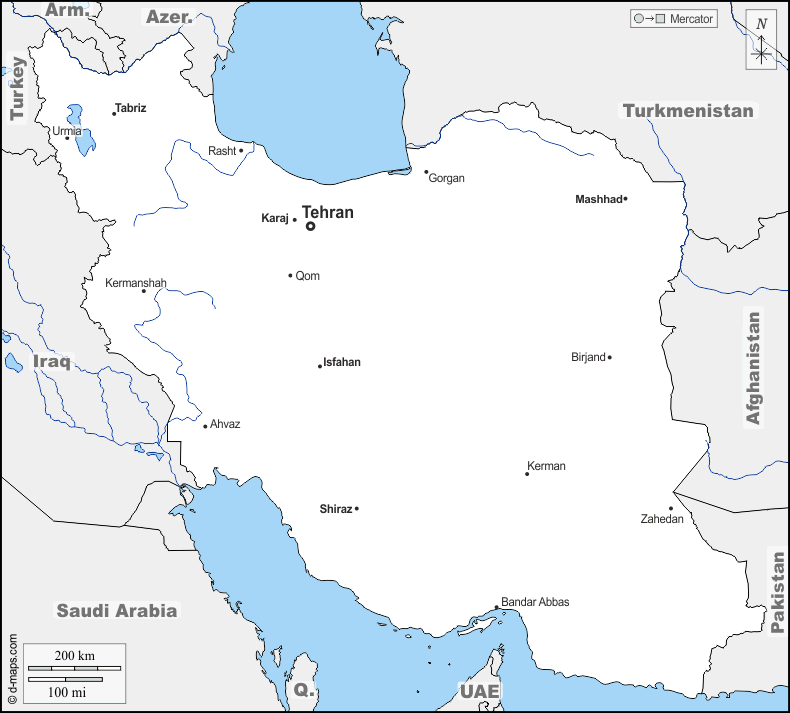 イラン : d-maps.com: 無料地図, 無料の空の地図, 無料のアウトラインマップ, 無料のベースマップ
 : 境界, 川と湖, 主要都市, 名前