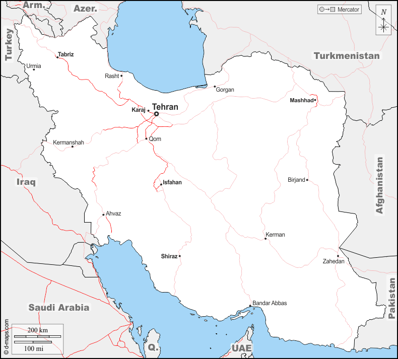 イラン : d-maps.com: 無料地図, 無料の空の地図, 無料のアウトラインマップ, 無料のベースマップ
 : 境界, 主要都市, 道路, 名前