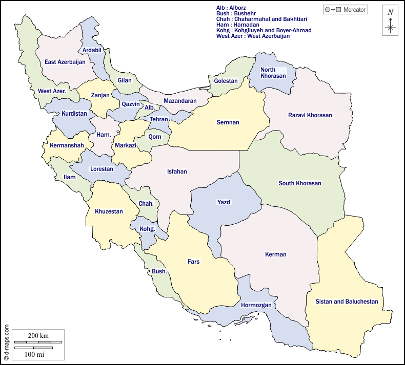 Iran : d-maps.com: mappa gratuita, mappa muta gratuita, cartina muta gratuita : contorni, province, nomi, colore, bianco