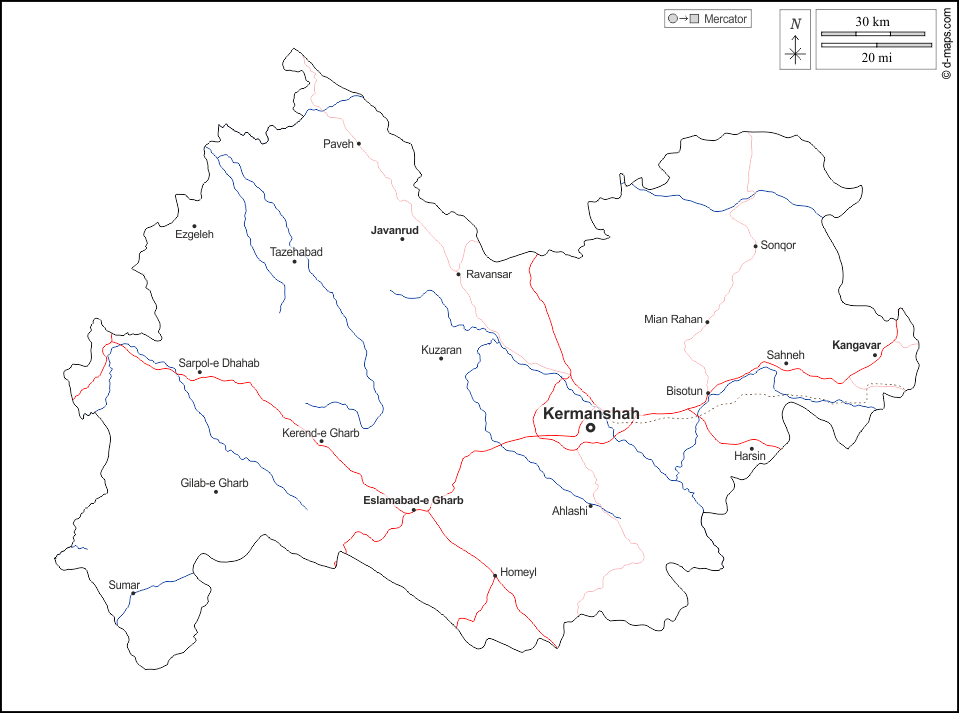 Kermanshah : d-maps.com: mappa gratuita, mappa muta gratuita, cartina muta gratuita : contorni, idrografia, principali città, strade, nomi, bianco