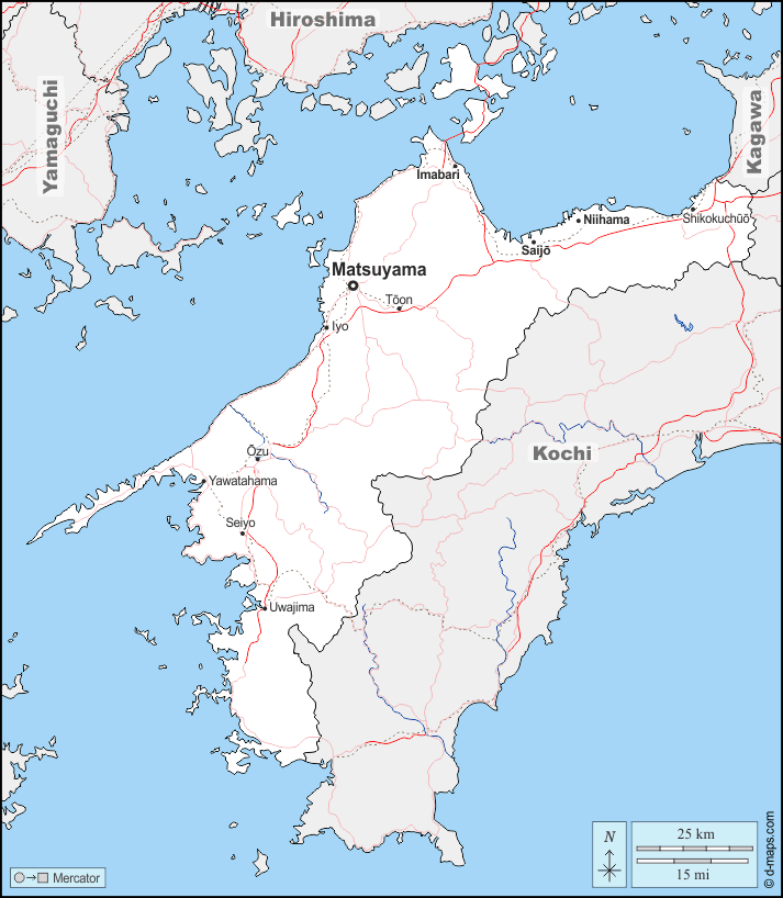 Ehime Prefecture : d-maps.com: free map, free blank map, free outline map, free base map : boundaries, hydrography, main cities, roads, names