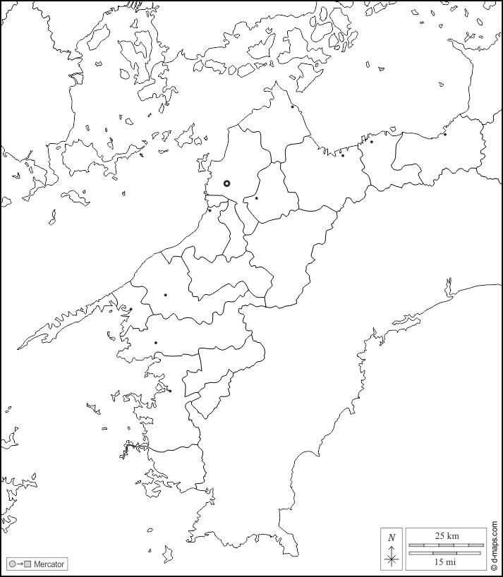 Ehime Prefecture : d-maps.com: free map, free blank map, free outline map, free base map : boundaries, municipalities, main cities, white