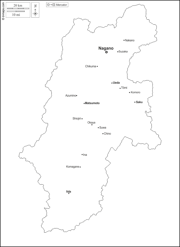 長野県 : d-maps.com: 無料地図, 無料の空の地図, 無料のアウトラインマップ, 無料のベースマップ
 : 輪郭, 主要都市, 名前, 白い