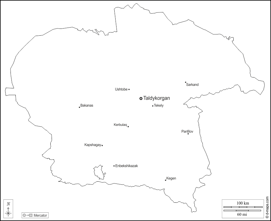 阿拉木图州 : d-maps.com: 免费地图, 免费的空白地图, 免费的轮廓地图, 免费基地地图 : 大纲, 主要城市, 名称, 白