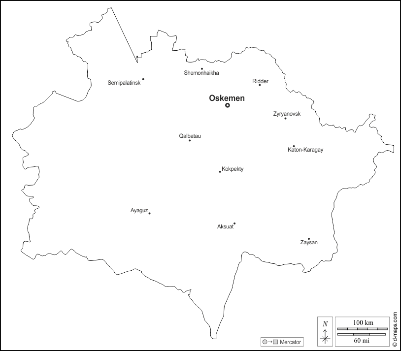 أوبليس كازاخستان الشرقي : خريطة مجانية, خريطة خاليه من الفراغ, خريطة الخطوط العريضة, خريطة القاعدة الحرة
 : الخطوط العريضة, المدن الرئيسية, أسماء, أبيض