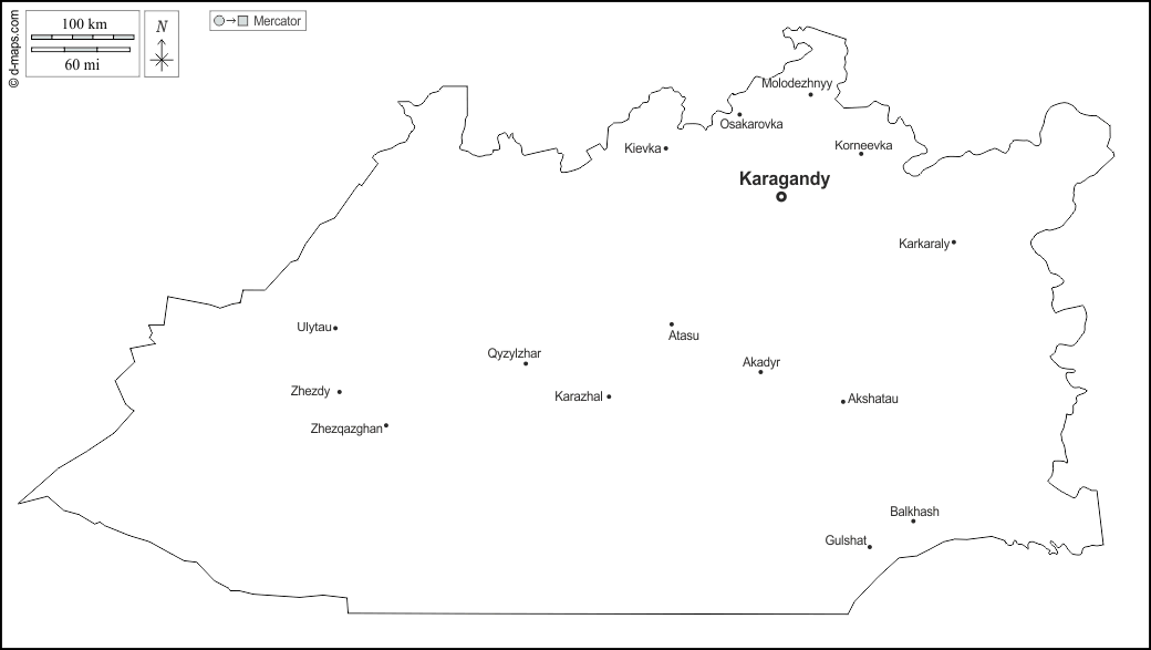 卡拉干達 : d-maps.com: 免费地图, 免费的空白地图, 免费的轮廓地图, 免费基地地图 : 大纲, 主要城市, 名称, 白