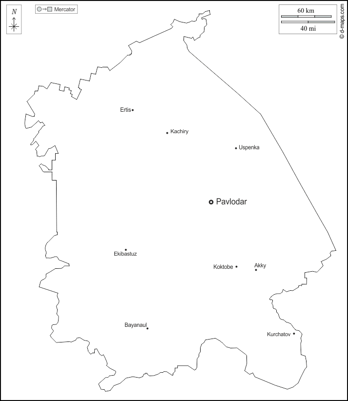 パヴロダル : d-maps.com: 無料地図, 無料の空の地図, 無料のアウトラインマップ, 無料のベースマップ
 : 輪郭, 主要都市, 名前, 白い