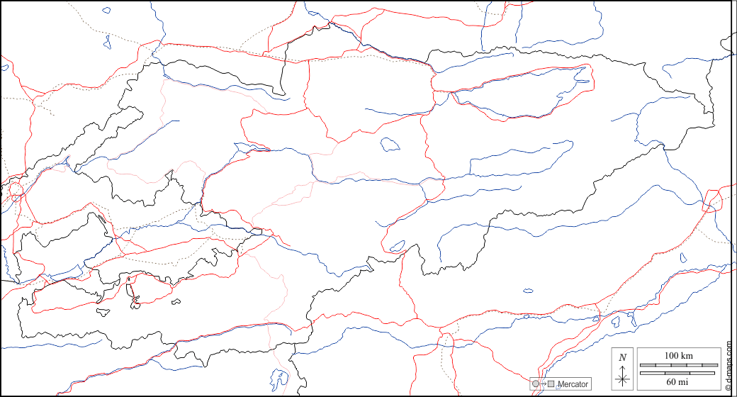 Kirgisistan : d-maps.com: Kostenlose Karten, kostenlose stumme Karte, kostenlose unausgefüllt Landkarte, kostenlose hochauflösende Umrisskarte : Grenzen, Hydrografie, Straßen, weiß