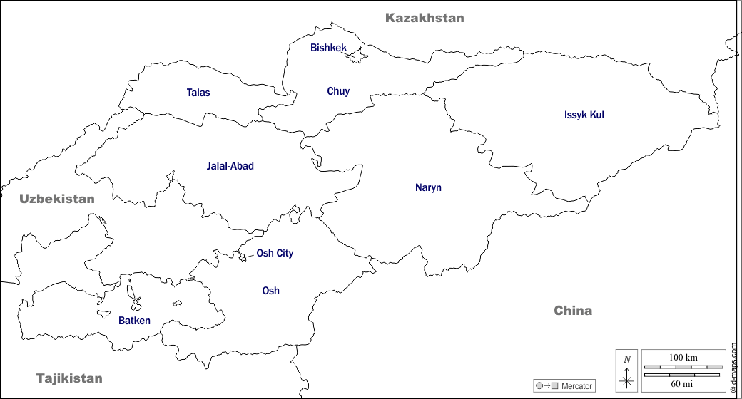 Kirghizistan : d-maps.com: mappa gratuita, mappa muta gratuita, cartina muta gratuita : frontiere, province, nomi, bianco