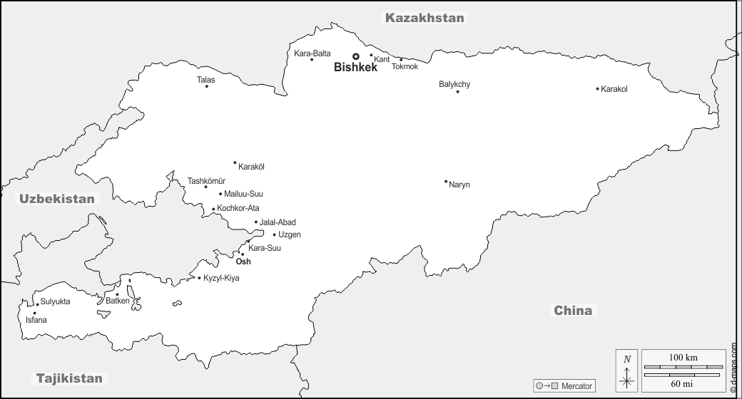 Kirghizistan : d-maps.com: mappa gratuita, mappa muta gratuita, cartina muta gratuita : frontiere, principali città, nomi