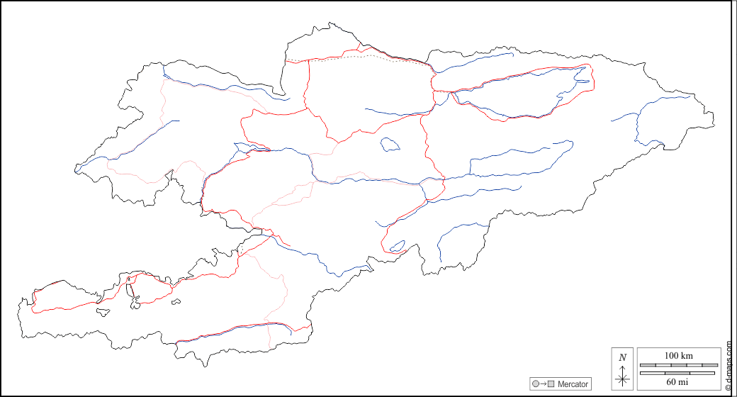 Kirgisistan : d-maps.com: Kostenlose Karten, kostenlose stumme Karte, kostenlose unausgefüllt Landkarte, kostenlose hochauflösende Umrisskarte : Umrisse, Hydrografie, Straßen, weiß