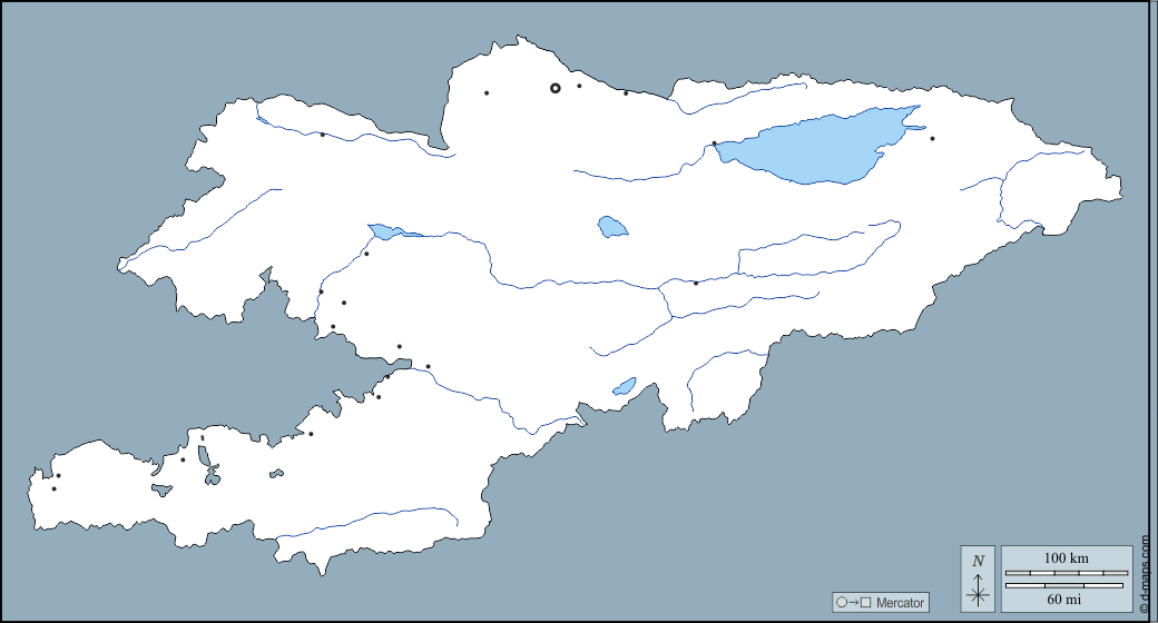 キルギス : d-maps.com: 無料地図, 無料の空の地図, 無料のアウトラインマップ, 無料のベースマップ
 : 輪郭, 川と湖, 主要都市