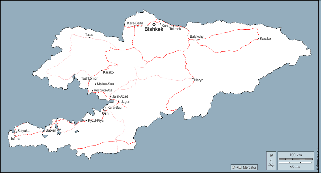 Kirghizistan : d-maps.com: carte géographique gratuite, carte géographique muette gratuite, carte vierge gratuite, fond de carte gratuit, formats graphiques courants : contours, principales villes, routes, noms