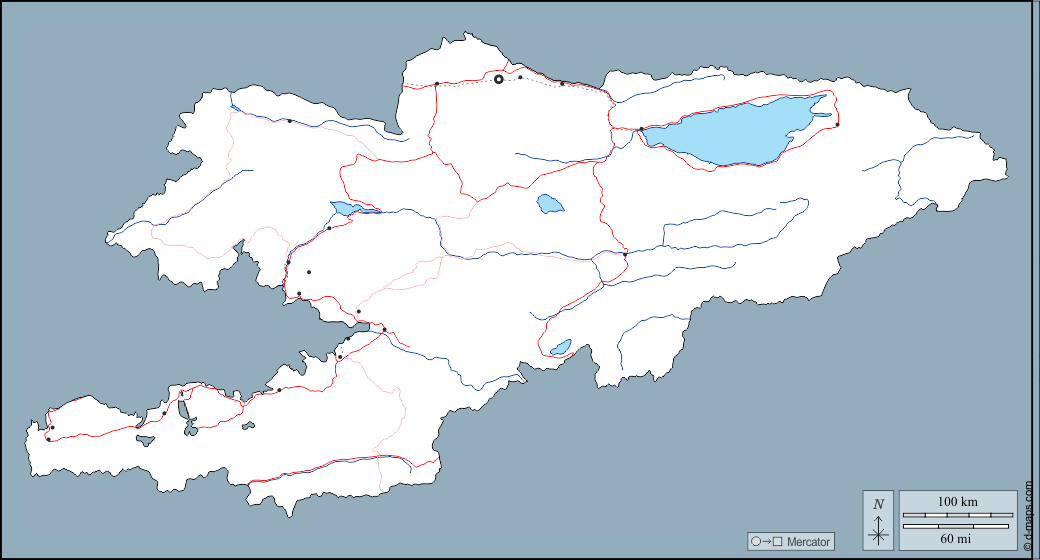 Kirgisistan : d-maps.com: Kostenlose Karten, kostenlose stumme Karte, kostenlose unausgefüllt Landkarte, kostenlose hochauflösende Umrisskarte : Umrisse, Hydrografie, Wichtige Städte, Straßen