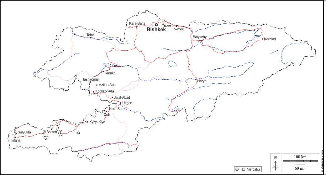 Kirgisistan : d-maps.com: Kostenlose Karten, kostenlose stumme Karte, kostenlose unausgefüllt Landkarte, kostenlose hochauflösende Umrisskarte : Umrisse, Hydrografie, Wichtige Städte, Straßen, Namen, weiß