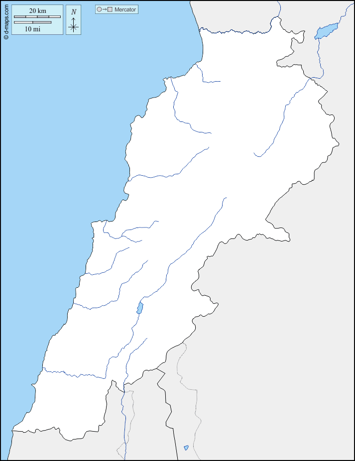 Líbano : d-maps.com: mapa gratuito, mapa mudo gratuito, mapa en blanco gratuito, plantilla de mapa : fronteras, hidrografía