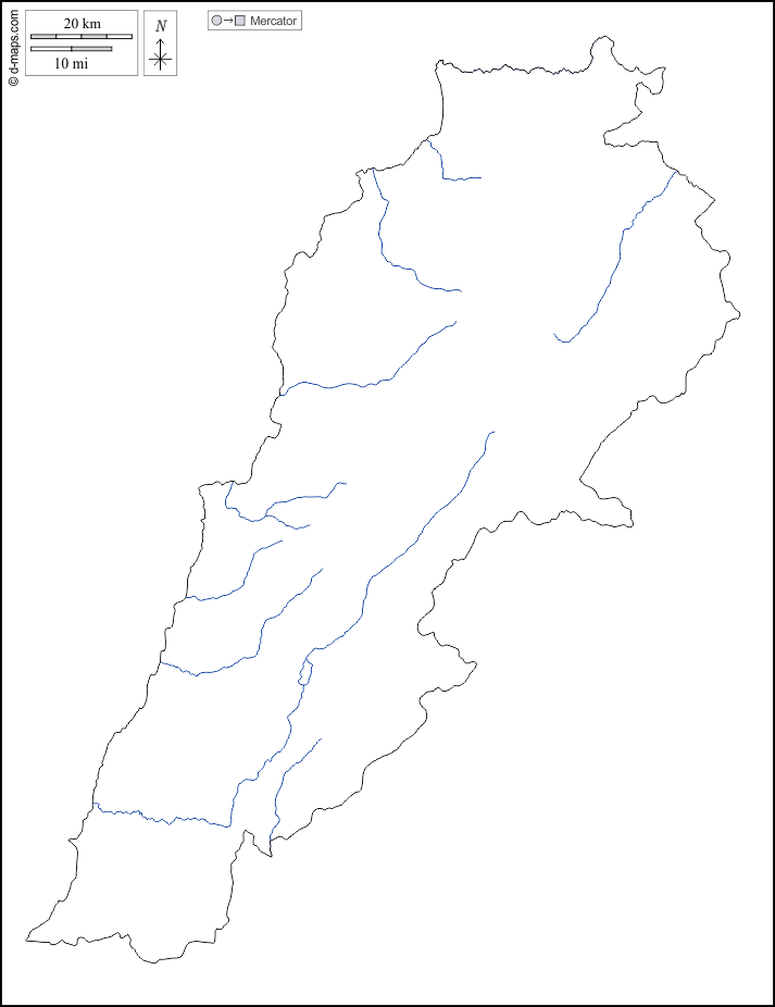 黎巴嫩 : d-maps.com: 免费地图, 免费的空白地图, 免费的轮廓地图, 免费基地地图 : 大纲, 水文学, 白