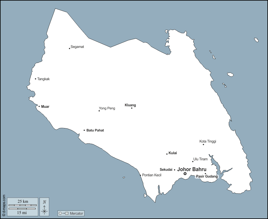 ジョホール州 : d-maps.com: 無料地図, 無料の空の地図, 無料のアウトラインマップ, 無料のベースマップ
 : 輪郭, 主要都市, 名前