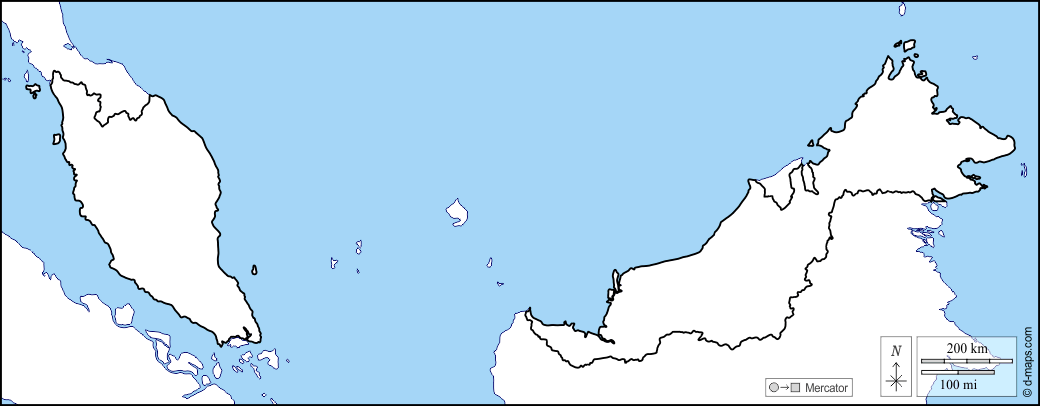 ماليزيا : خريطة مجانية, خريطة خاليه من الفراغ, خريطة الخطوط العريضة, خريطة القاعدة الحرة
 : سواحل, حدود