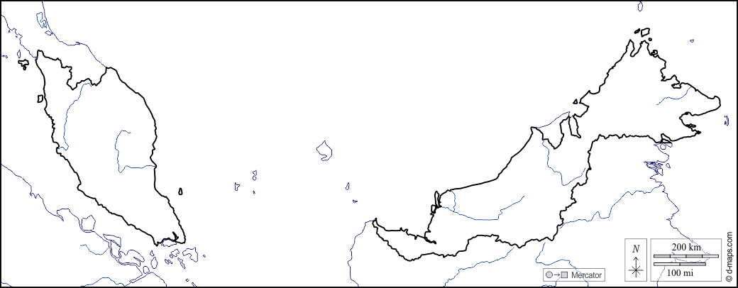 Malaisie : d-maps.com: carte géographique gratuite, carte géographique muette gratuite, carte vierge gratuite, fond de carte gratuit, formats graphiques courants : littoraux, limites, hydrographie, blanc