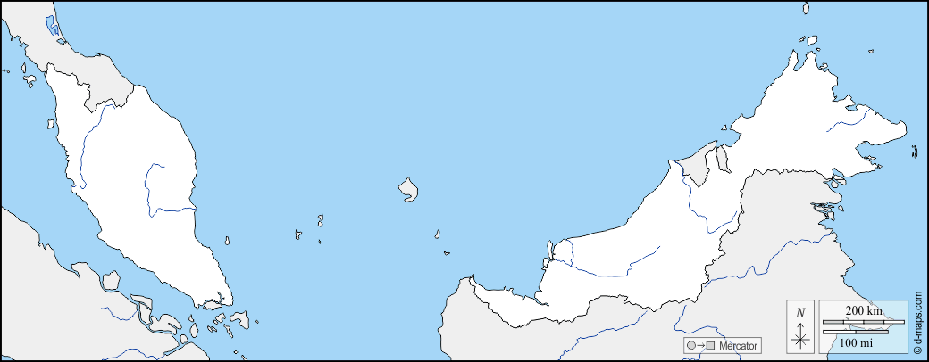 Malaisie : d-maps.com: carte géographique gratuite, carte géographique muette gratuite, carte vierge gratuite, fond de carte gratuit, formats graphiques courants : frontières, hydrographie