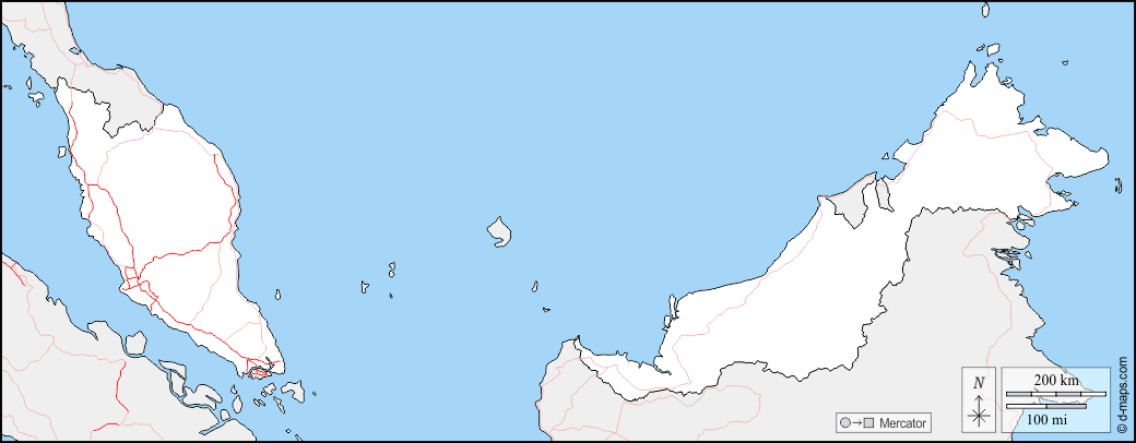 Malaysia : d-maps.com: Kostenlose Karten, kostenlose stumme Karte, kostenlose unausgefüllt Landkarte, kostenlose hochauflösende Umrisskarte : Grenzen, Straßen